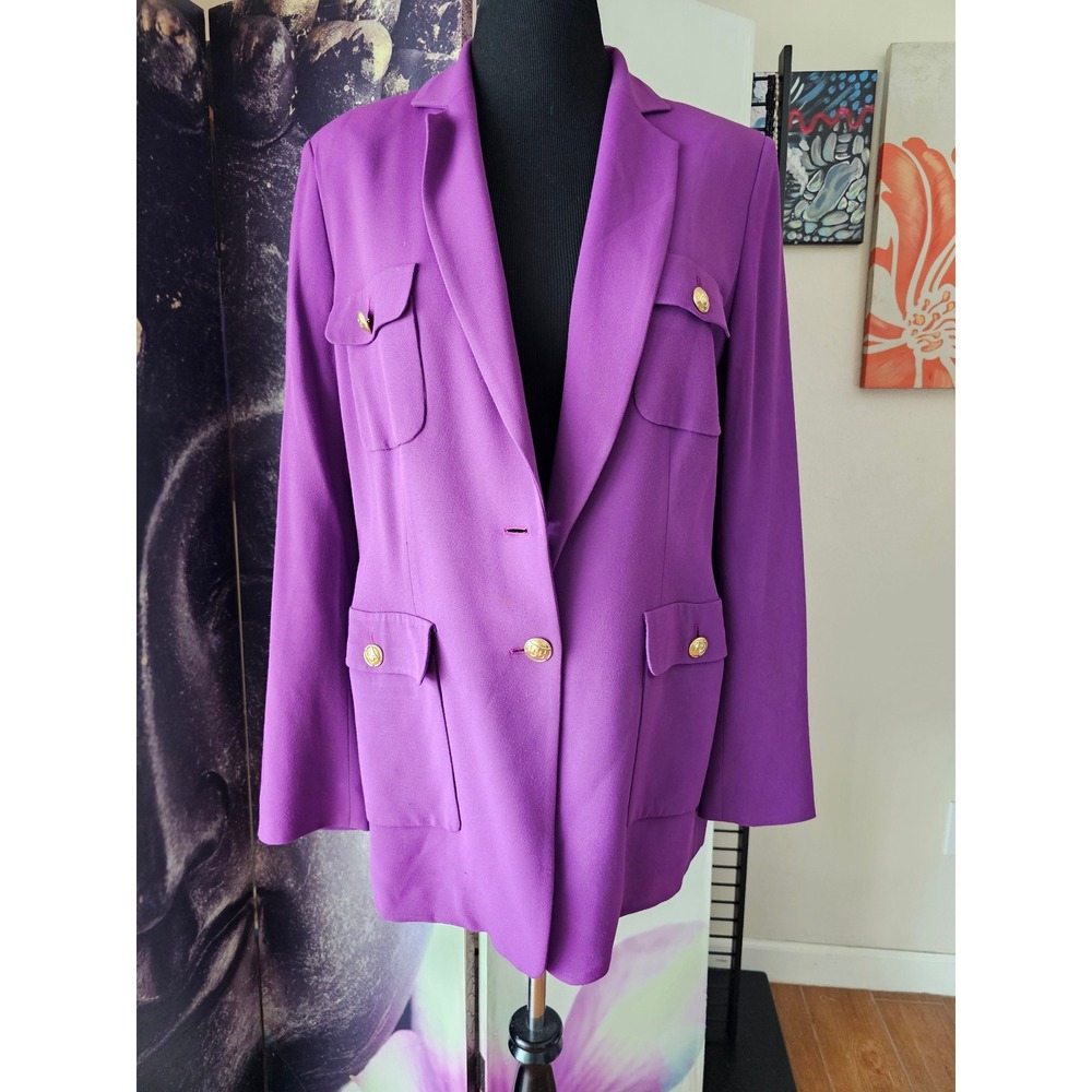 Escada Purple Blazer Gold Logo Button Front Flap Pocket Jacket 44 Slovenia YJ01